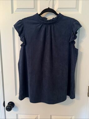 Sleeveless Ruffle Neck Blouse - Navy